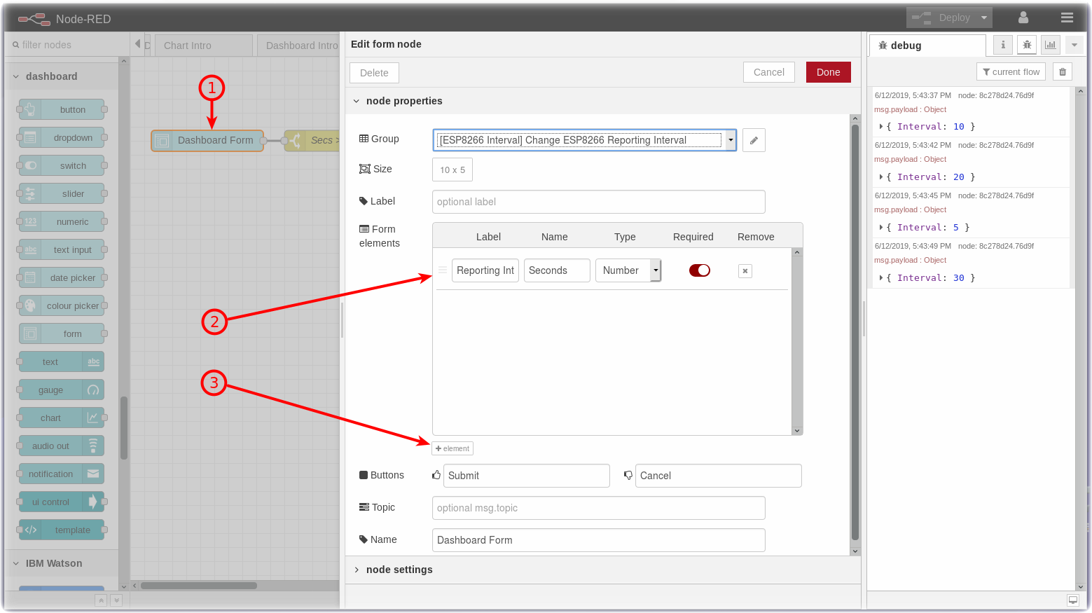 Node-RED Dashboard Form flow node